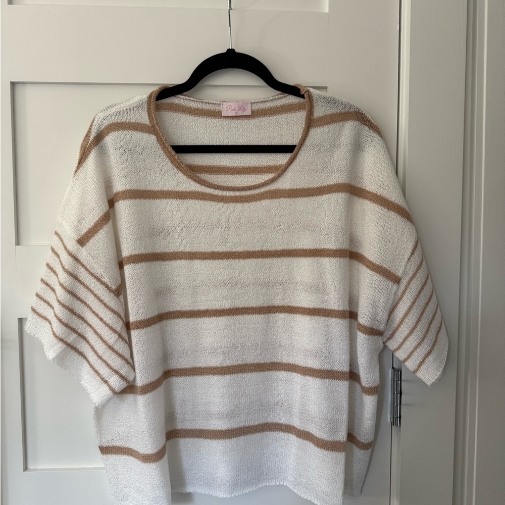 Pink Lily Striped Sweater in White and Tan
